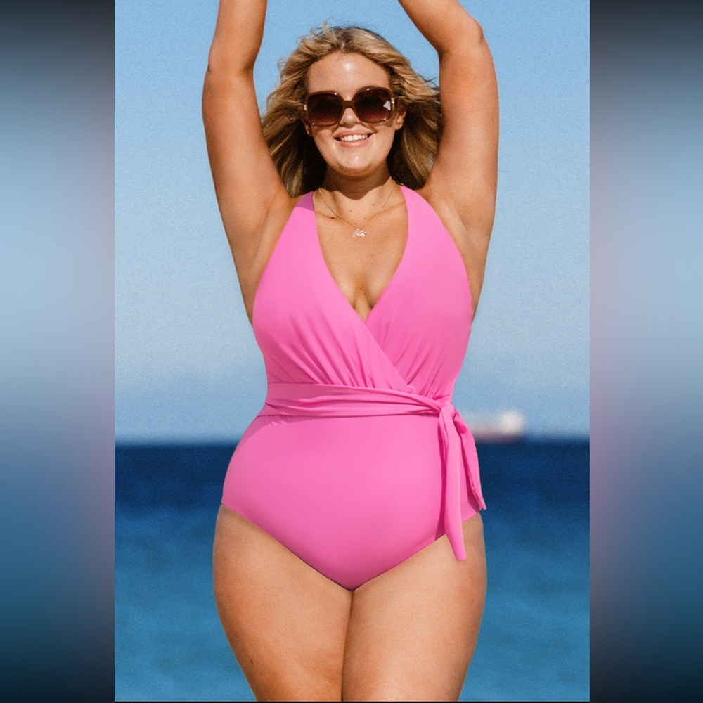 Cupshe Summer Dreaming Surplice Pink Halter Plus Size One Piece Swimsuit